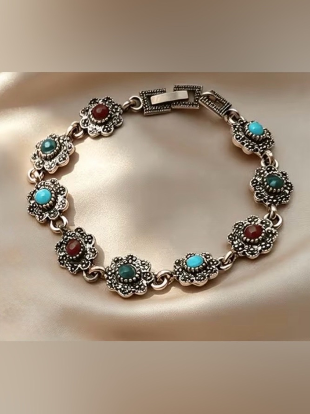 Western Vintage Style Gold Floral Link Bracelet with Turquoise and Red Stones